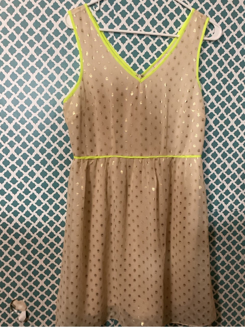 Romeo & Juliet Couture Beige Dress with Gold Dots and Neon Trim Size Medium